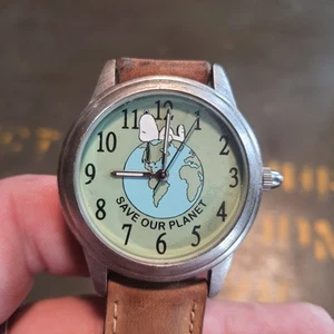 Vintage Rare Collectible Peanuts Snoopy SAVE OUR PLANET Watch Brown Leather Band - Bild 1 von 7