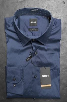 Camicia Da Uomo Hugo Boss Hank Kent Slim Fit Blu Navy In Cotone Stretch 40 15.7 - Immagine 1 di 4