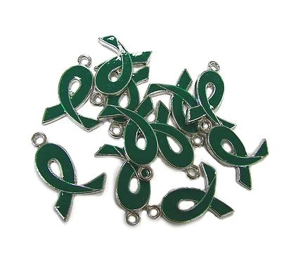 Cancer Awareness Charms Green Ribbon Adrenal Enamel Charms 21mm  10 pcs - Image 1 of 4