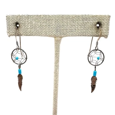 Pendientes colgantes de plumas turquesa atrapasueños plata de ley 925 suroeste Foto 1 de 3