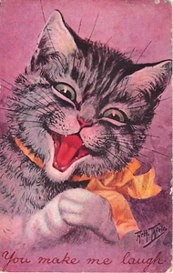 1908 sgd. Arth. Thiele Laughing Cat You Make Me Laugh post card Xmas Seal - Picture 1 of 2