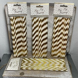 Lot of 4 Hip-Hip Hooray Paper Straws 8" White & Gold Stripes 25 cts, 100 Total - Picture 1 of 22