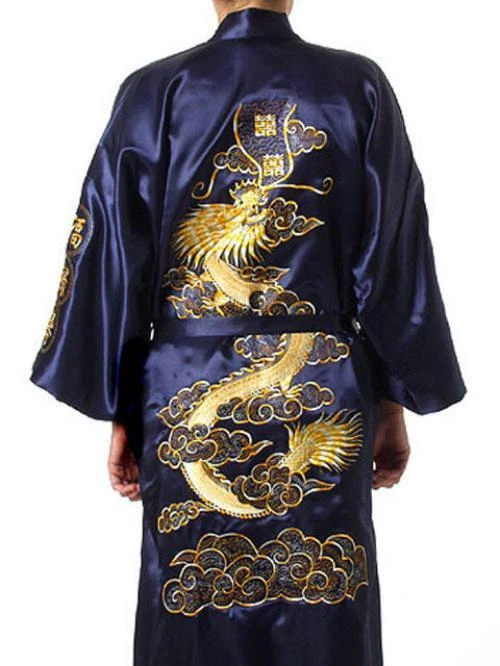 Chinesischer Kimono Für Herren – Bestickter Seidensatin-Mantel Mit Drachen-Motiv, V-Ausschnitt