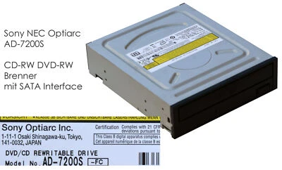 Sony nec Optiarc AD-7200S SATA Cd-Rw DVD+R Drive Black PX-15 - Image 1 of 3