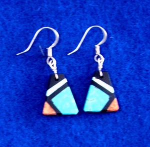 Pendientes con incrustaciones de piedras semipreciosas de plata de ley Pueblo nativo americano 06 - Imagen 1 de 1