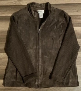 PENDLETON Full Zip 100% Leather Merino Wool Jacket Brn Women's Size Large Petite - Picture 1 of 8