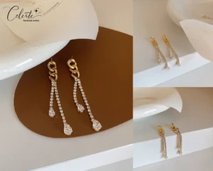 18K Gold Plated Double Diamond Cubic Zirconia Chain Earring Drop Gift - Foto 1 di 7