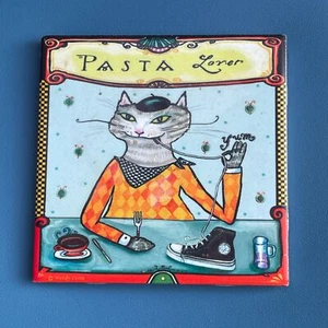 Azulejo Multicolor Gato con Boina Comer Pasta Amante con Zapatilla Café Estilizado Moderno - Imagen 1 de 3