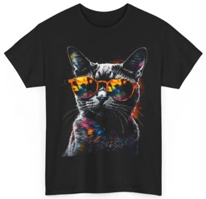 Cat Sunglasses Portrait Tee Stylish Cat with Shades Shirt - Picture 1 of 12