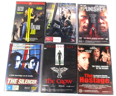 Italian Job-Thieves-Punisher-Silencer-Crow-Hostage 6x Action DVDs MA15+ PAL R4 - Image 1 of 4