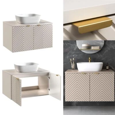 IMPACT FURNITURE Bathroom Vanity Unit 800mm Countertop Sink Beige Fluted Modern Wall Hung Cama