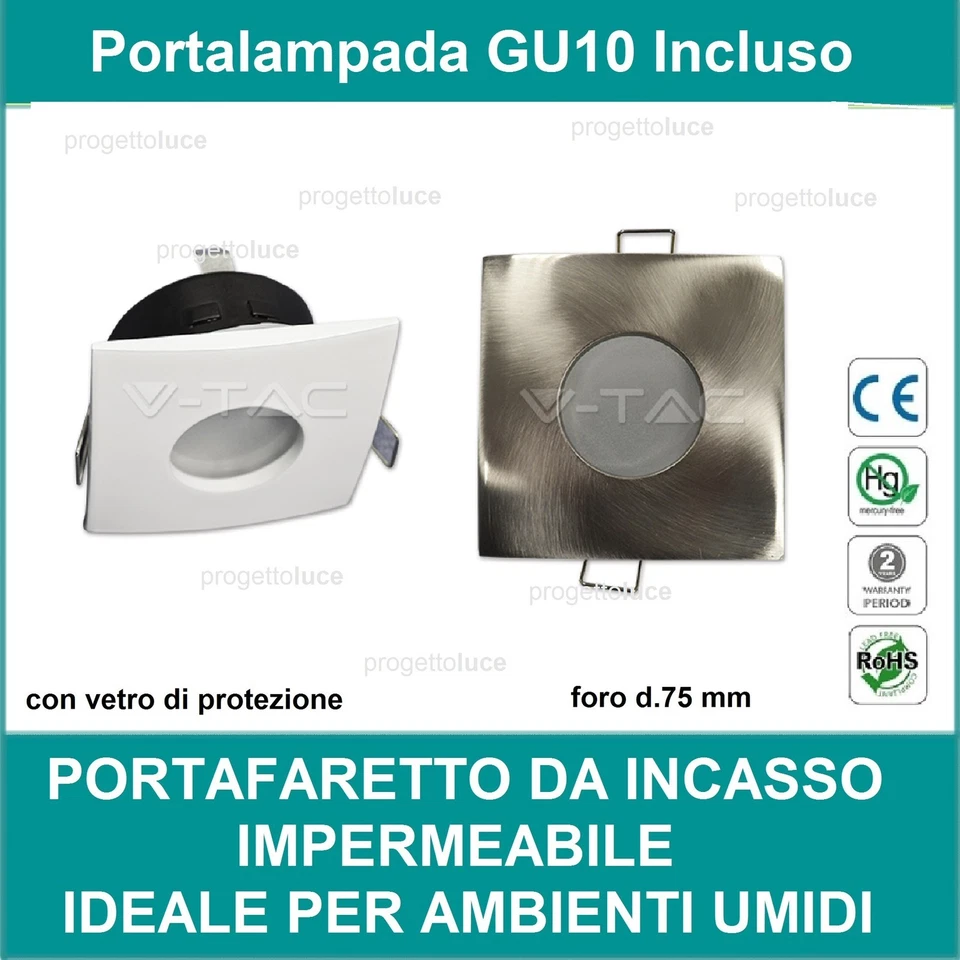V-TAC FARETTO SUPPORTO QUADRATO IMPERMEABILE DA INCASSO DOCCIA BAGNO SPOT   - Immagine 1 di 1