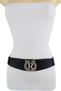 Women Stretch Wide Black Band Belt Dressy Look Gold Leaf R Metal Bling Charm S M - Picture 1 of 12