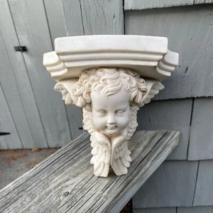 Corbel testa di angelo alata in marmo fuso a mano 7" x 4 x 4,75 ripiano largo - Foto 1 di 10