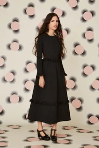 LEITH X ORLA KIELY BLACK DRESS 4 LONG SLEEVE MIDI TEXTURE COTTON A LINE EYELET - Picture 1 of 19