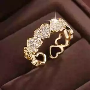 18K Gold Plated Rhinestone Multi Heart Open Adjustable Ring Fits All O To A V1/2 - Picture 1 of 4