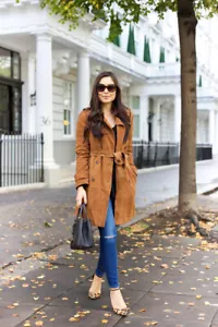 New Women Tan Faux Suede Cut Raw Edge Lightweight Trench Coat & Belt. UK S M L - Picture 1 of 9