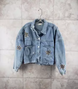 Chaqueta vaquera de mezclilla envejecida recortada con apliques estrellas de gran tamaño talla L - Imagen 1 de 10