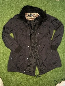 Steve Madden Quilted Black Jacket L Faux Fur Collar Long Coat Hooded Drawstring - Picture 1 of 7