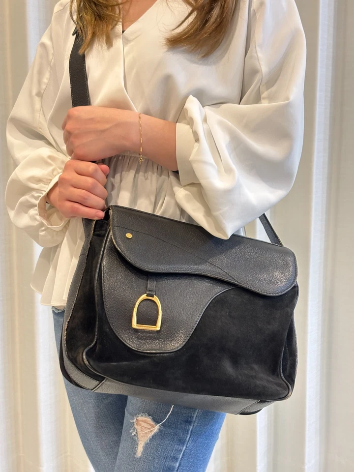 Vintage GUCCI Women's Saddle Shoulder Bag Black Suede Leather Made in Italy - Image 1 of 4