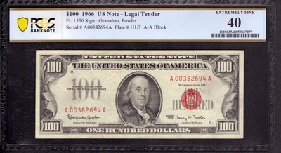 1966 $100 LEGAL TENDER NOTE RED SEAL CURRENCY FR.1550 PCGS B EXTRA FINE XF EF 40 - Image 1 of 4
