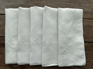 A+ 5 Vintage White 100% Linen Damask Dinner Napkins 21X22 Monogram M Crown Mark - Picture 1 of 13
