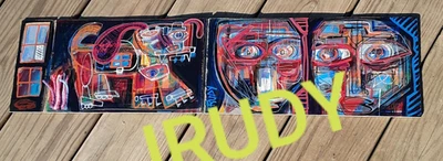 Original raw brut Outsider Art Painting 7 x 28 inches JRUDY  walking the dog - Image 1 of 4