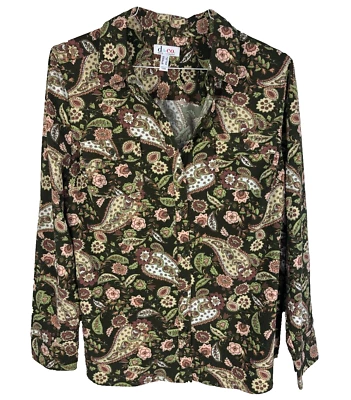 Denim & Co L Top Long Sleeve Pockets Button Down Colorful Paisley Print Collared - Image 1 of 4
