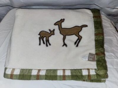Trend Lab Baby Blanket White Green Plaid Deer Fawn Mom & Baby - Image 1 of 4