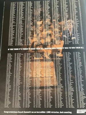 Print Ad Of ESPN Congratulating Pat Summit For Her 1000th Win  Go Vols  - Изображение 1 из 3