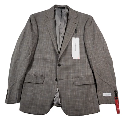 Calvin Klein Slim-Fit Suit Jacket Men 40R 40 Brown Plaid Wool Stretch $450 - Image 1 of 4