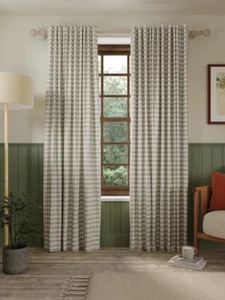 John Lewis Gingham Check Weave Pair Lined Curtains W167 x Drop 182cm - Putty A - Picture 1 of 5