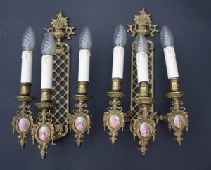 PAIR Vintage bronze porcelain medaillon limoges wall lights sconces set - Picture 1 of 7