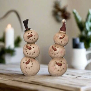 Primitive Christmas 2 pc Resin Snowman Stacked Figurines - Picture 1 of 2