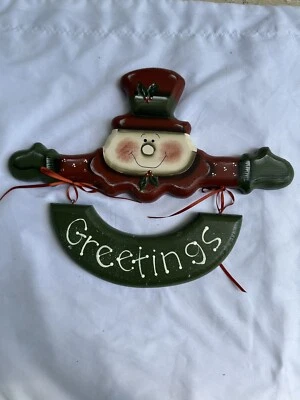 Letrero colgante vintage de madera pintado a mano muñeco de nieve saludos vacaciones Navidad  Foto 1 de 4