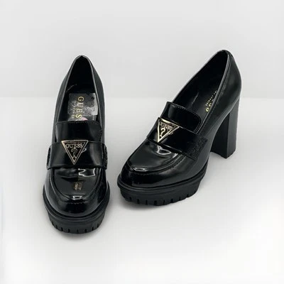 GUESS Black Buckle Back Patent Leather Women’s Loafers Size 5 1/2 Chunky Heels - Image 1 of 4