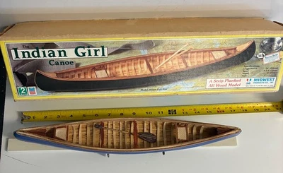 Vintage Midwest 981 Indian Girl Canoe 1:12 All Wood Strip Plank Model Built - Image 1 of 4