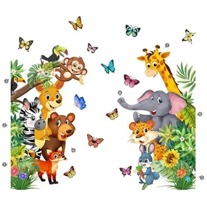 Jungle Animal Wall Sticker Set - Features Monkey Leopard Zebra Bear Giraffe &... - Picture 1 of 7