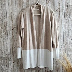 Cyrus Knits Tan/White Open Front Long Sleeved Cardigan Sweater Size S - Picture 1 of 8