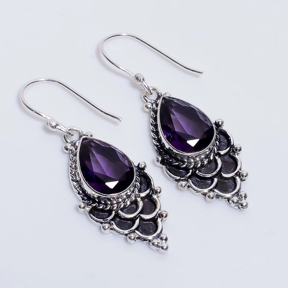 Pendientes de plata de ley 925 hechos a mano con piedras preciosas de amatista estilo vintage 1,9" S923 Foto 1 de 4