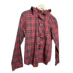 Lauren Ralph Lauren Womens Blouse Ruffle Long Sleeve Button Red/Black Plaid S - Picture 1 of 5