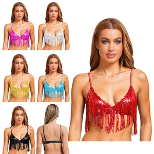 Women's Sequin Shiny Fringe Bralette Belly Dance Sequin Bra Top Tassel Dancewear - Picture 1 of 84