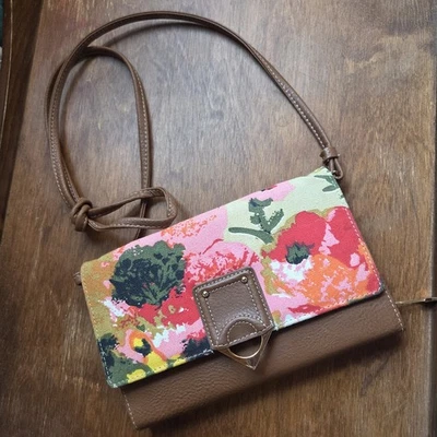 Bolso Bandolera Liz Claiborne Cuero Marrón Colorido Floral Cartera Ranuras para Tarjetas Foto 1 de 4