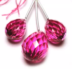 PINK RED LAB RUBY CONCAVE FACET DROP BRIOLETTE 3MATCHED BEADS 301M 14x8-15x10mm - Picture 1 of 2