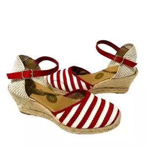Red & White Striped Espadrille Wedges - Picture 1 of 12