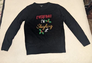 Lisa International Womens Christmas Sweater Sz M Black Sequin "Sleighing" NWT - Picture 1 of 9