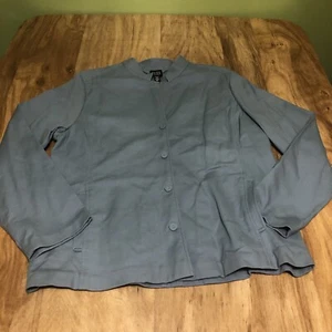 Eileen Fisher Light Blue Stretch Textured Button Jacket Pockets Large Petite - Picture 1 of 10