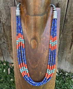 Sterling Silver Multi Strand Stone Lapis Bead Necklace. 24 inch - Picture 1 of 12