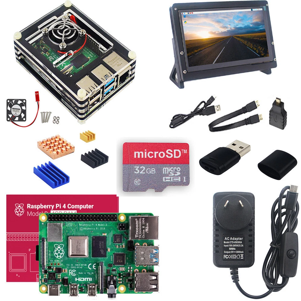 Raspberry Pi 4  2/4/8GB Full Kit, 7'' Touch Screen, PUS, Case w/ Fan, 32GB Card - Image 1 of 4