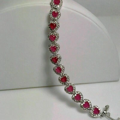 Brazalete Tenis 7.88 Ct Corte Corazón Simulado Rosa Rubí Halo Chapado en Oro Blanco 14K Foto 1 de 4